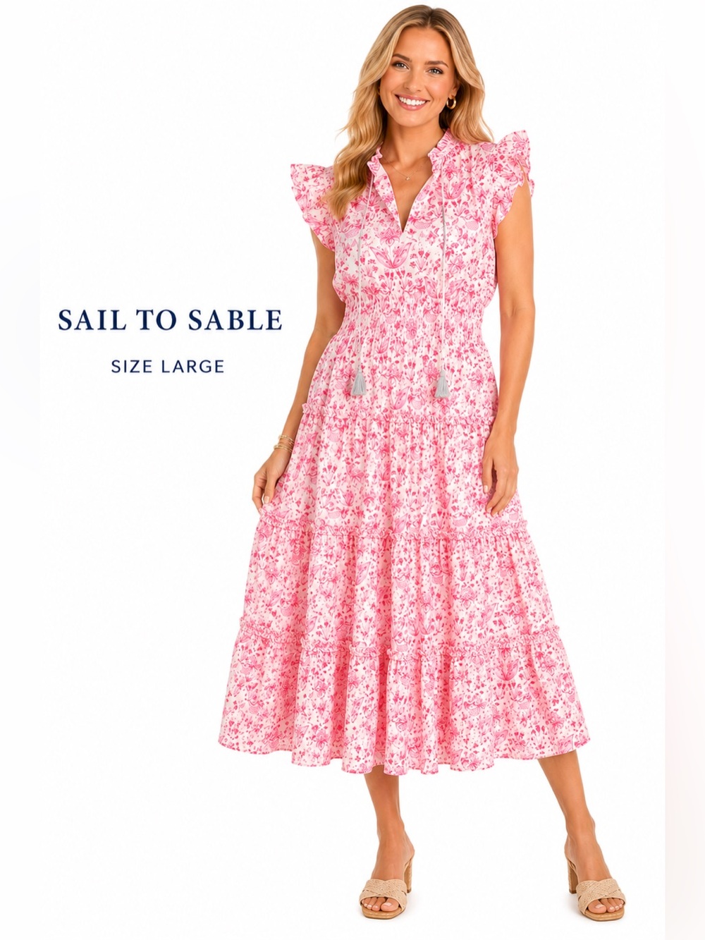 Sail to Sable Pink Floral Smocked Waist Midi/Maxi Dress Large  MSRP $169
